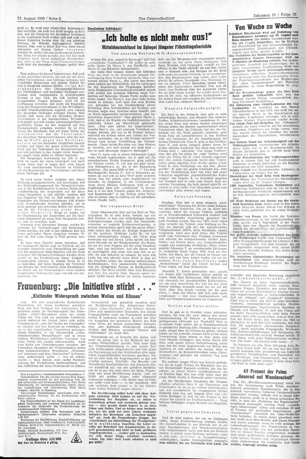 15. August 1959 / Seite 2 Das Ostpreußenblatt groß ist.