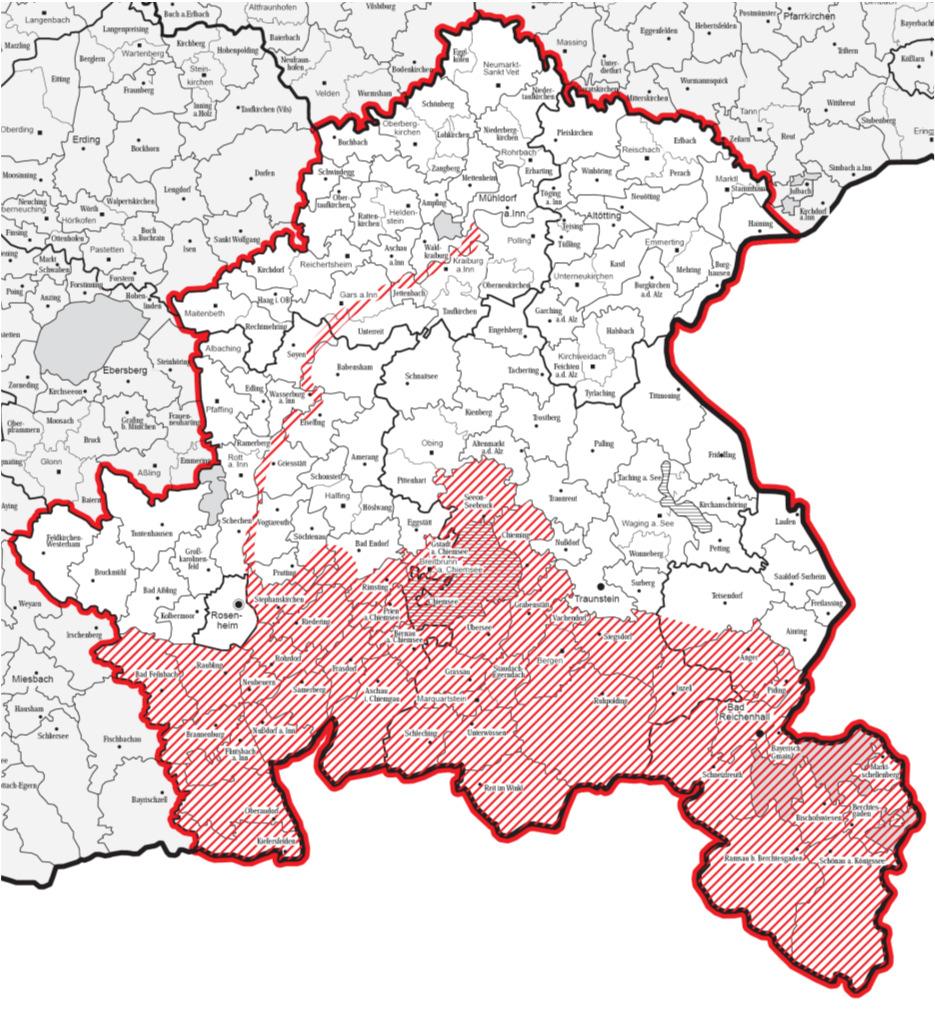 Bisherige Regelung im Regionalplan Südostoberbayern Ziel RP 18 B I 2 (Ausschlussgebiet): Im Alpengebiet ohne das nördliche Gebiet Teisendorfs, am Chiemsee, dem Innhochufermit Randbereichen und im