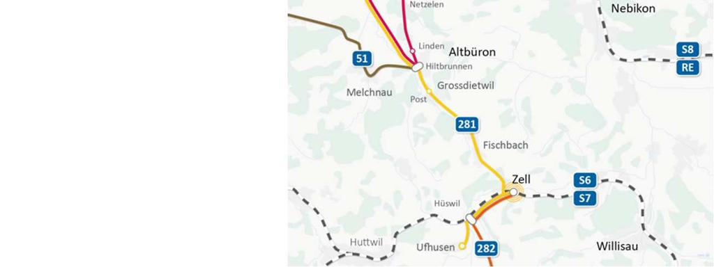 Urban Anschlüsse an die Bahn Richtung Langenthal (ASM) und in Altbüron, Hiltbrunnen auf das Postauto Richtung Zell. In Altbüron wird die neue Haltestelle Linden erstellt.