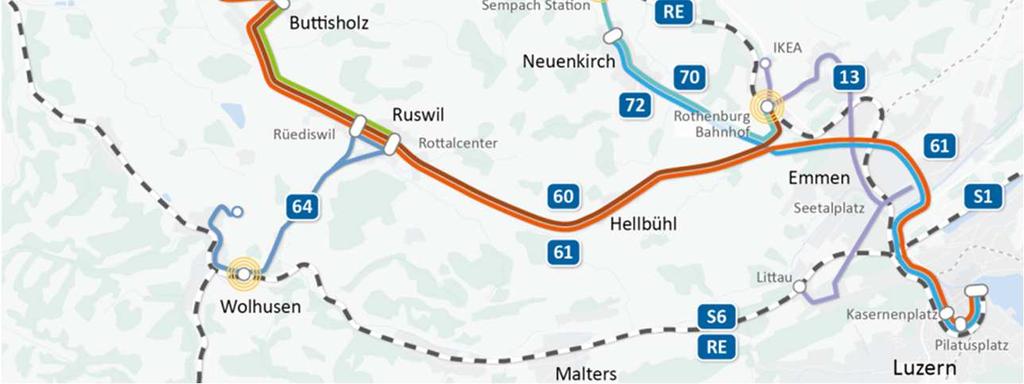 Linie 60: Buttisholz Ruswil Rothenburg Die Linie 60 mit Anschluss an die S-Bahn in Rothenburg Bahnhof wird nach Buttisholz verlängert und bedient neu sämtliche Haltestellen auf der Strecke.