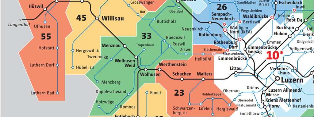 Vorteile Luzern West Wahlstrecke für Pendler von Willisau nach Luzern: Es kann ein Abo von Willisau (Zone 45) nach Luzern (Zone 10) über Wolhusen und Sursee gelöst werden.