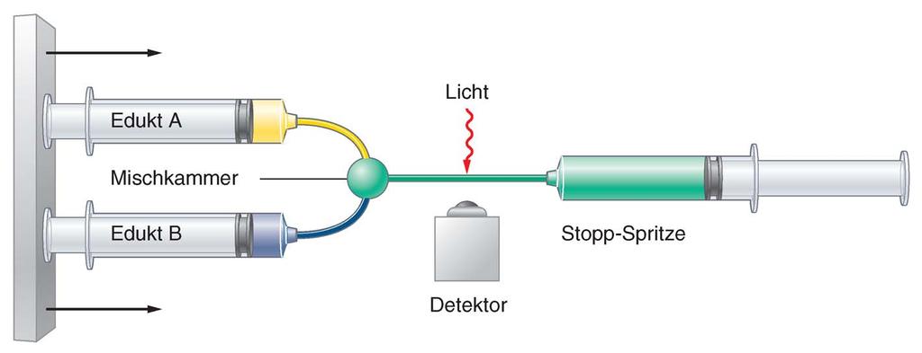 Schematische Darstellung eines Stopped-Flow-Versuchs. Zwei Edukte werden durch Spritzen rasch in die Mischkammer eingebracht.