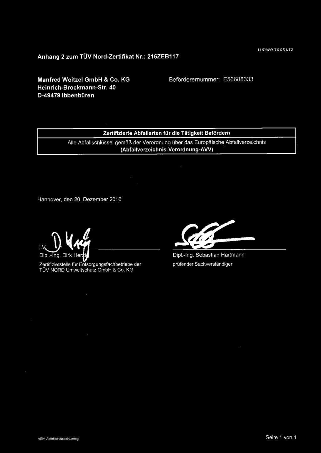 Anhang 2 zum TÜV Nord-Zertifikat Nr.: 216ZEB117 TIN~ Manfred Woitzel GmbH & Co. KG Heinrich-Brockmann-Str.