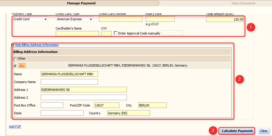 Ausstellen der Servicedokumente (EMD) Scrollen Sie in der Buchung bitte bis zum Bereich FORM OF PAYMENT und Klicken auf den Link. Das System erkennt, automatisch, welche Beträge noch offen sind.