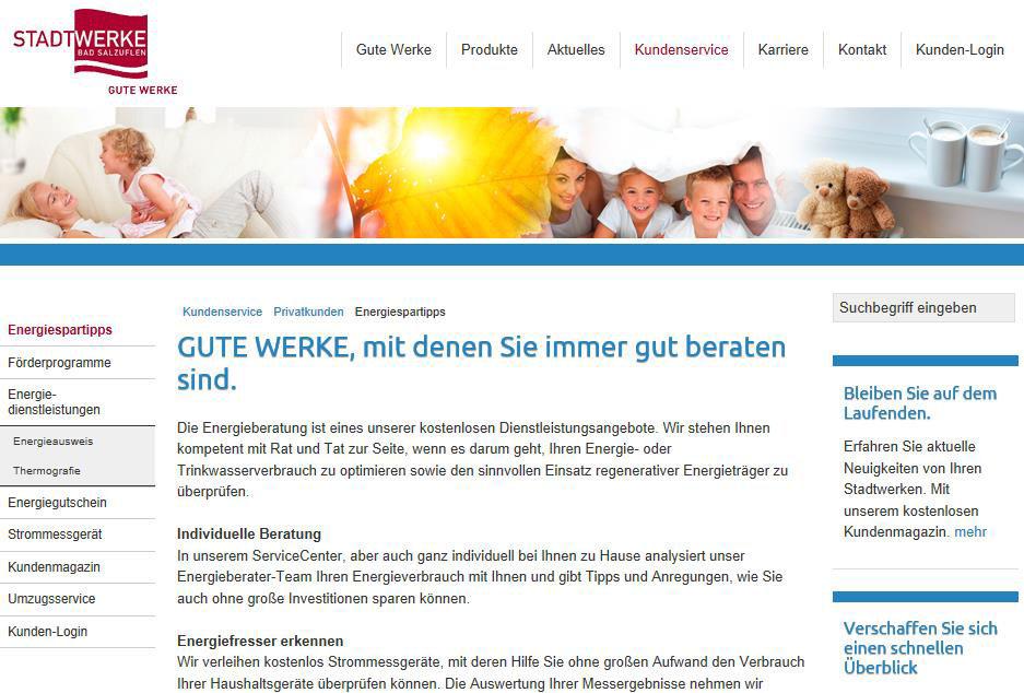 Abbildung 9 6 : Screenshot Homepage Stadtwerke Bad Salzuflen Zur Sensibilisierung der Kundschaft werden die Vorjahresverbräuche (Strom und Wärme) auf der Rechnung aufgeführt.