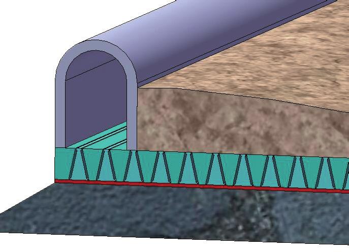 Die obige Zeichnung zeigt einen Aufbau des Platzes: Auf den befestigten Boden wird ein Polyestervlies (200 g/qm) aufgelegt (-> rot).