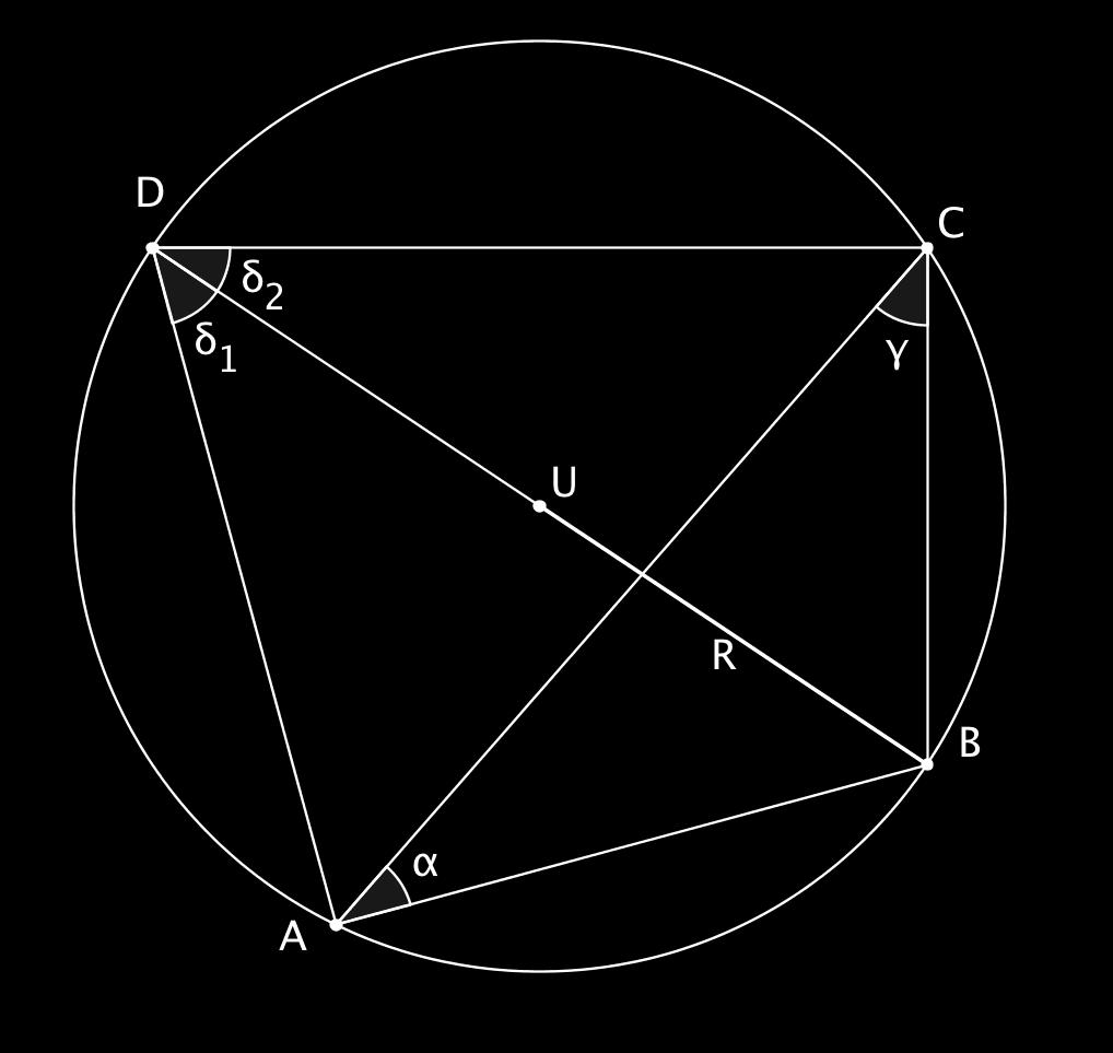 Berechnungen an Dreiecken.1 Der Sinussatz und der Umkreis Wir beginnen mit einer Figur. In einen Kreis ist ein Sehnenviereck ABCD mit seinen Diagonalen einbeschrieben.