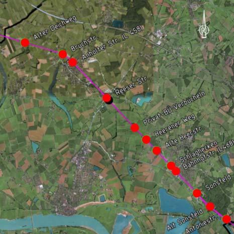 2.6 Übersicht BÜs im Stadtgebiet Rees Aktuell sind noch 12 Bahnübergänge (BÜs) entlang der Strecke 2270 im Stadtgebiet Rees vorhanden.
