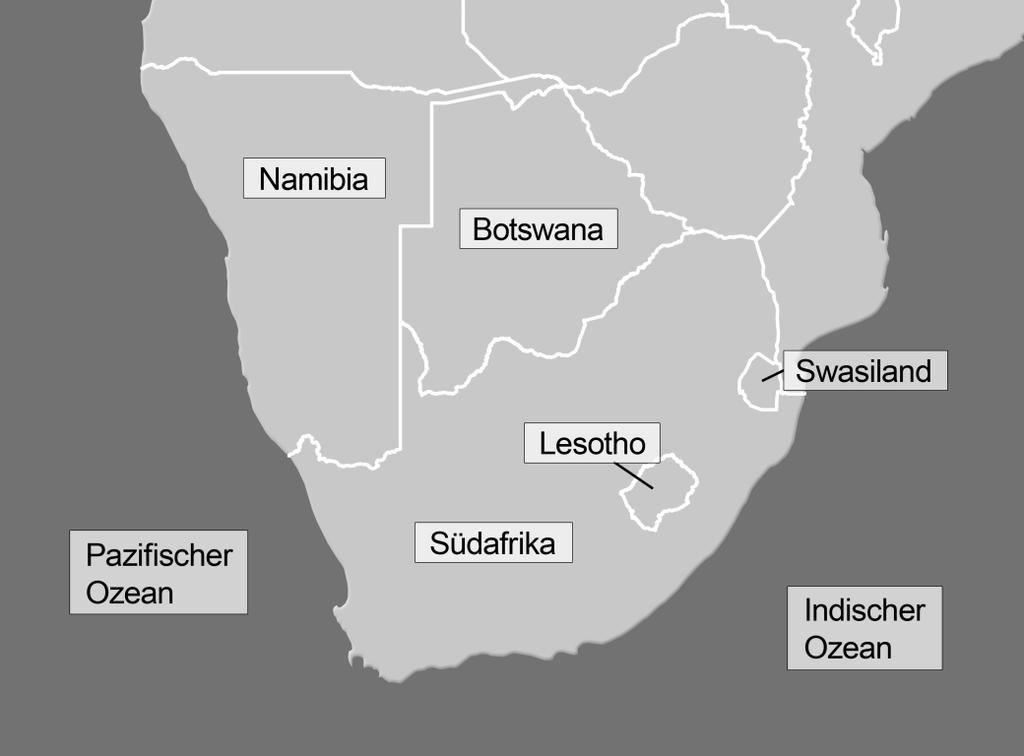 Arbeitsblatt: Südliches Afrika Beschrifte die Länder des Südlichen Afrikas und ergänze auch die Namen der angrenzenden Ozeane.