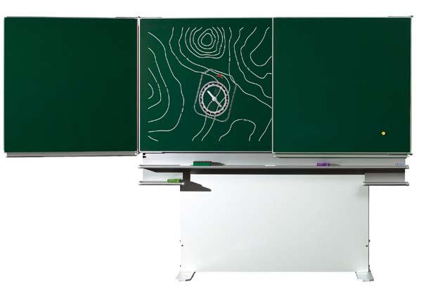 GB Multi surface board on a free-standing cabinet (800ºC) or green, with 5 writing surfaces. Anodised aluminium includes pen tray, dust trays, and two sponge and chalk trays.