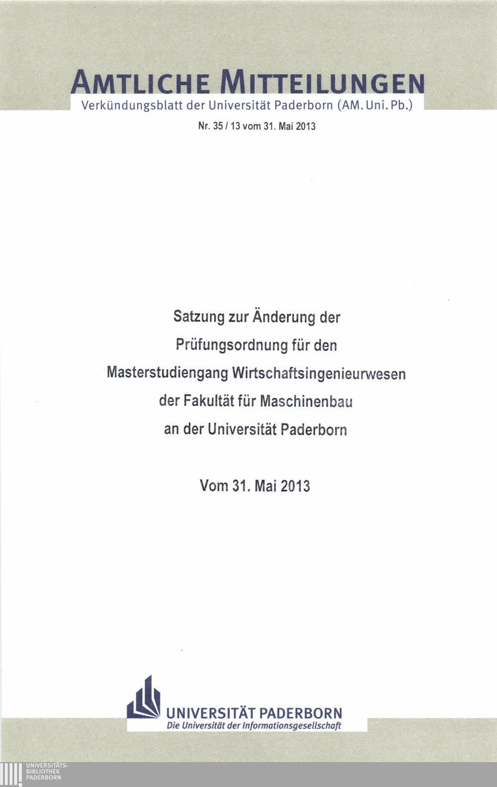 Amtliche Mitteilungen Verkündungsblatt der Universität Paderborn (AM.Uni.Pb.) Nr. 35/13 vom 31.