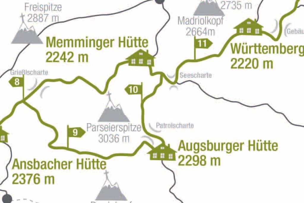10. Etappe: Augsburger Hütte - Memminger Hütte 4,5 Stunden 10. Etappe: Augsburger Hütte - Memminger Hütte Die Strecke zwischen der Augsburger und Memminger Hütte wird auch als Spiehlerweg bezeichnet.