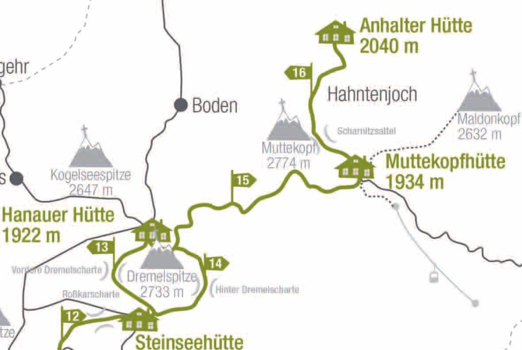15. Etappe: Hanauer Hütte - Muttekopfhütte 6,5 Stunden 15. Etappe: Hanauer Hütte - Muttekopfhütte Über zwei hohe Scharten führt der Höhenweg gegen Ende der Durchquerung.