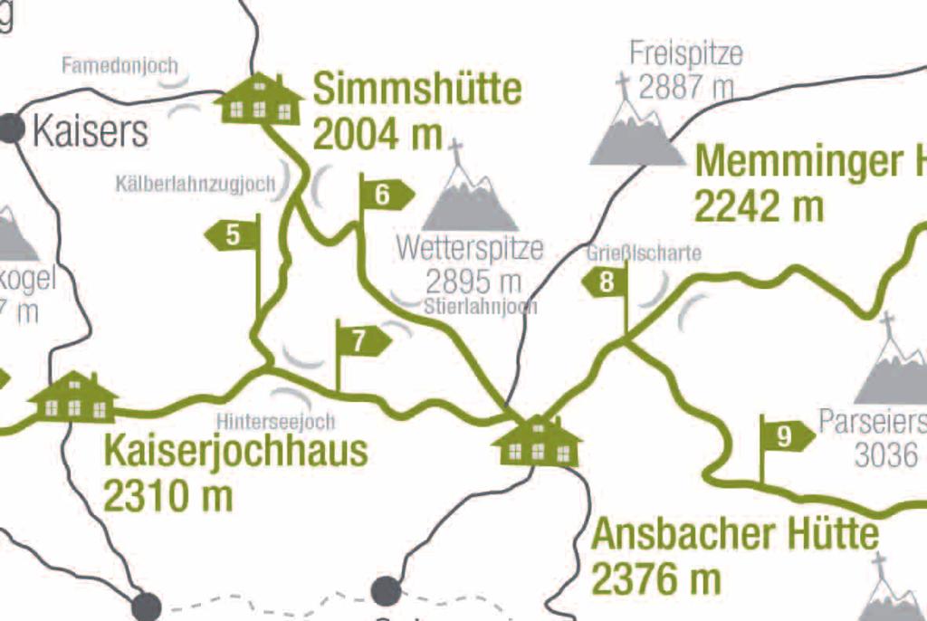 6. Etappe: Simmshütte - Ansbacher Hütte 5 Stunden 6. Etappe: Simmshütte - Ansbacher Hütte Auch der zweite Tag dieser Variante serviert einen der ganz großen Gipfel der Lechtaler Alpen.