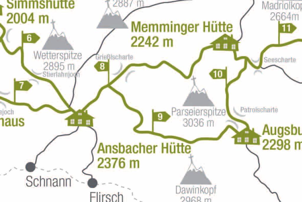 8. Etappe: Ansbacher Hütte -Memminger Hütte 5 Stunden 8. Etappe: Ansbacher Hütte -Memminger Hütte Zuerst überwindet man die Kopfscharte, das Winterjöchl und die Grießlscharte (2632 m).