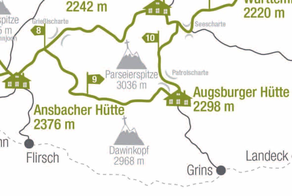 9. Etappe: Ansbacher Hütte - Augsburger Hütte 9 Stunden 9. Etappe: Ansbacher Hütte - Augsburger Hütte Der Übergang von der Ansbacher Hütte zur Augsburger Hütte wird als Augsburger Höhenweg bezeichnet.