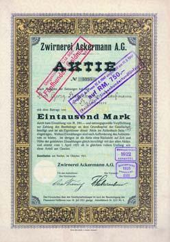 Nr. 1170 Schätzpreis: 180,00 EUR Zuckerfabrik zu Prosigk Aktie 3.000 Mark, Nr. 24 Prosigk, 8.2.1922 Auflage maximal 231 Stücke. Gründung bereits 1865.