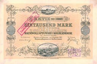 Nr. 1180 Nr. 1180 Schätzpreis: 300,00 EUR Startpreis: 150,00 EUR Baumwollspinnerei Kolbermoor Aktie 1.000 Mark, Nr. 15623 München u. Kolbermoor, 9.12.1922 / Auflage 17.000 (R 8).