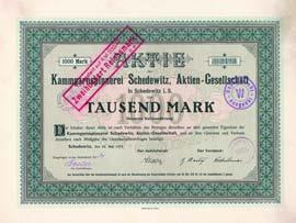 1942 / Auflage 3.500 (R 10). Restkupons. Unentwertet. Nr. 1190 Schätzpreis: 150,00 EUR Aktie 1.000 Mark, Nr. 2165 Schedewitz b. Zwickau, 25.3.1899 - Gründeraktie, Auflage 2400 (R 8).