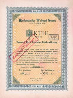 Nr. 1197 Schätzpreis: 140,00 EUR Startpreis: 70,00 EUR Mechanische Weberei Sorau vormals F. A. Martin & Co. Aktie 1.000 Mark, Nr. 2973 Sorau N.-L., 1.4.1921 / Auflage 3000 (R 8).