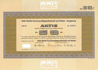 Nr. 1207 Nr. 1207 Schätzpreis: 100,00 EUR NAK Stoffe KGaA Aktie 50 DM, Nr. 2861 Augsburg, Juni 1972 + Auflage 3.000 (R 9).