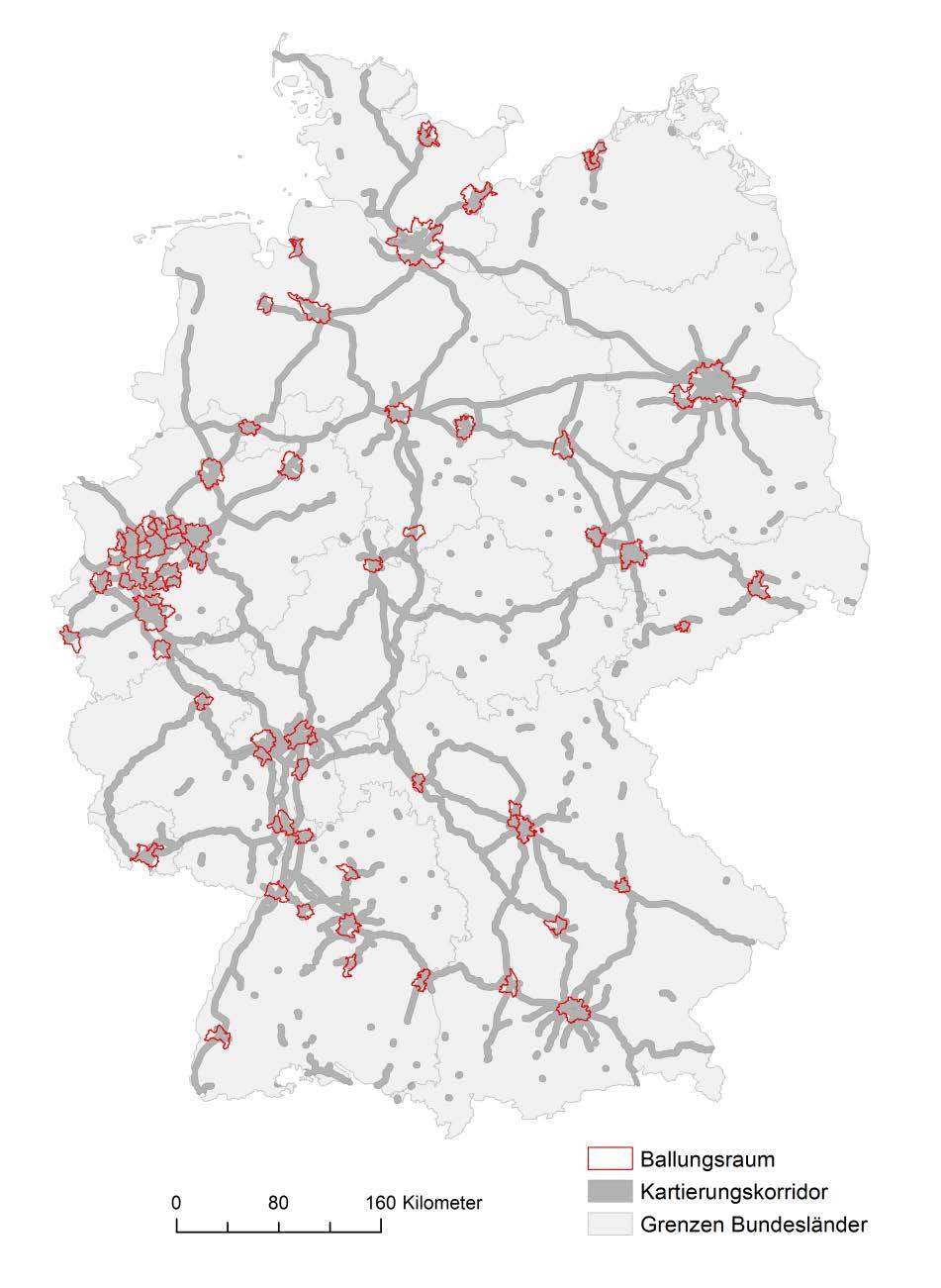 Berechnungsgebiet ca. 16.500 km Bahnstrecke ca. 30.000 km Gleise 5 km-breiter Kartierungskorridor ca. 56.000 km 2 Rechengebiet ca. 19 Mio.