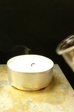 Teelöffel Natriumhydrogencarbonat (Backpulver), Essig In das Becherglas wird ein Teelöffel Natriumhydrogencarbonat gegeben und mit etwas Essig vermischt. Die Kerze wird entzündet.