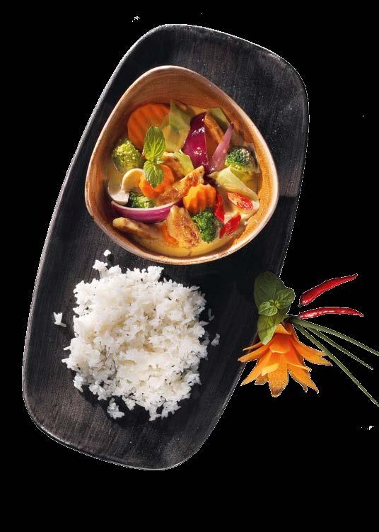 THAI-CURRYS Veganes Gemüsecurry... 16. Rotes Curry mit Kokosmilch, Broccoli, Kabis, Karotten, Champignons, Bambus, Sojasprossen und Thai-Basilikum Grünes Thai-Curry... 19.