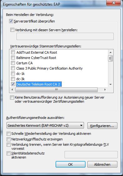 Setzen Sie das Häkchen bei Serverzertifikat überprüfen Aktivieren Sie das Feld "Verbinden mit diesen Servern herstellen" und geben Sie "dc.hs-rm.de" ein.