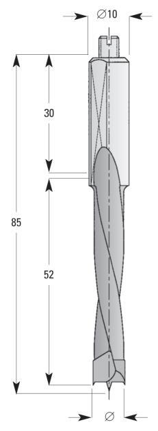 HW-Dübellochbohrer ohne Rückenführung / S10x30 / GL77 32.150. Gesamtlänge 77mm. HW-massiv Bohrkopf mit Zentrierspitze und negativ angeschliffenen Vorschneidern.