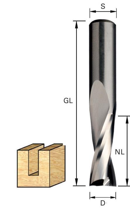 Router bits made of solid micrograin carbide with upcut spiral. Art.-Nr. D NL GL S 10.005.0300 3 12 50 8 10.005.0400 4 15 50 0 8 10.005.0500 5 17 50 8 10.005.0600 6 22 60 8 10.005.0800 8 22 60 8 10.