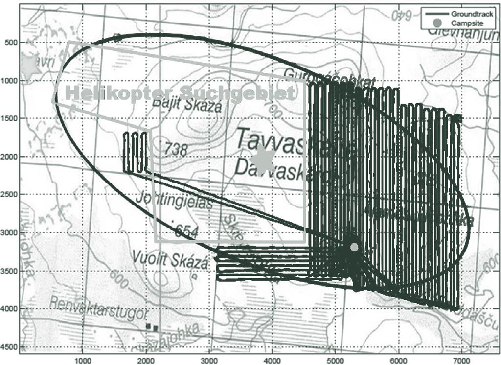 Joos: Unbemannte Fluggeräte 45 einer Forschungsrakete durchgeführt. Das unbewohnte und schwer zugängliche Suchgebiet ist in Abbildung 4 als ovaler Bereich dargestellt.