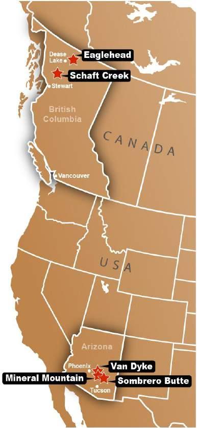Unsere Projekte (diversifiziertes Portfolio) Haupt-Vermögenswerte: 1) 25% Beteiligung am Kupfer-Gold-Molybdän-Silber Projekt Schaft Creek in British Columbia (BC), Kanada, im Rahmen eines Joint