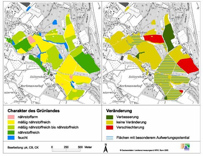 Abbildung 39: Flächenausprägung (links) und Veränderung (rechts) der Wiesenflächen am Auberg in Mülheim an der Ruhr im Vergleich zum Zustand im Jahr 2004.