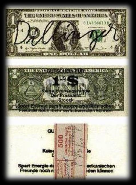 225 Dollarnoten, 1978 Art: Zwei Banknoten, eine beschriftet von Beuys, die andere bedruckt mit