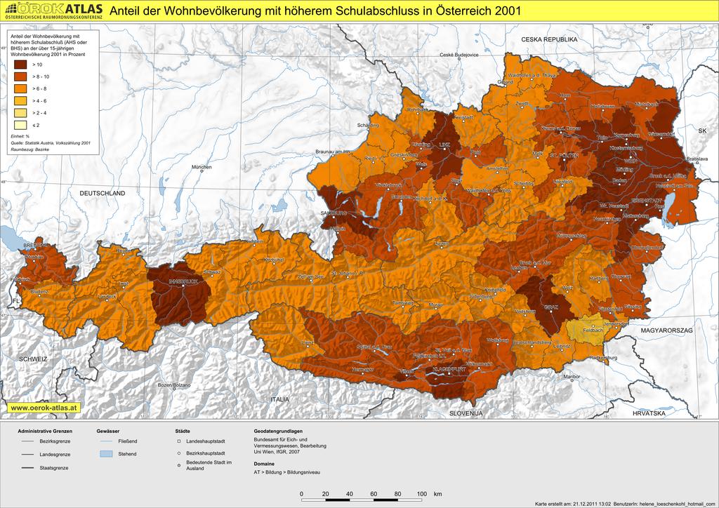 Thematische Kartographie Programm 2 Helene Löschenkohl Karte 1 Datengrundlage ist der Anteil der Wohnbevölkerung mit höherem Schulabschluss, gemessen an der Wohnbevölkerung der über fünfzehn Jährigen