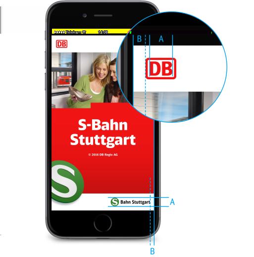 Platzierung von Zusatzlogos am Beispiel S-Bahn Das S-Bahn-Logo (Zusatzlogo) steht rechts im Footer und wird vertikal zentriert. Es hat den gleichen Abstand zum Rand wie das Markenlogo im Logostreifen.