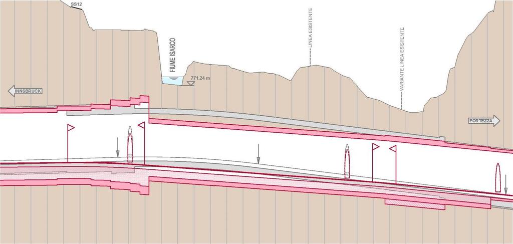Brenner Basistunnel BBT SE Seite/pagina 38 von/di 84 die über eine konvexe senkrechte Verbindung mit einem Radius von 3.500 m am Projektkilometer 2+361.