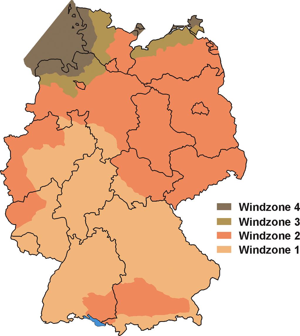 Windzonen Um die Gesamtlast festzustellen sind gleichermaßen auch die unterschiedlichen Windbelastungen in den vier Windzonen in Deutschland zu berücksichtigen.