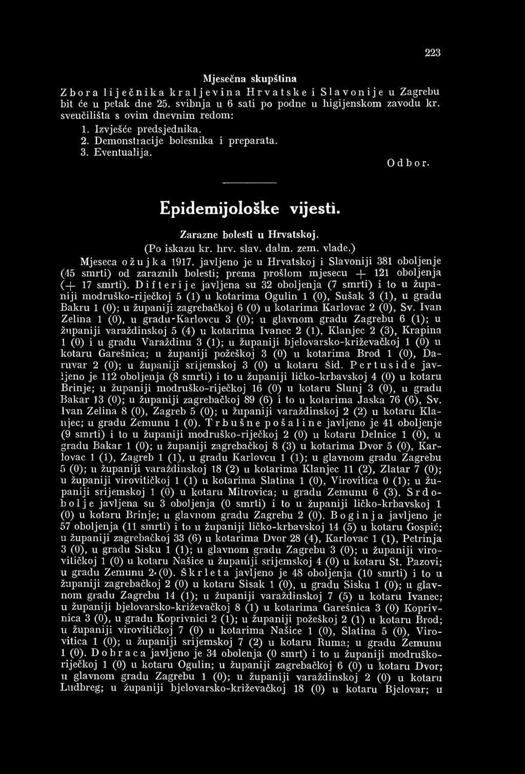 ) Mjeseca ožujka 1917. javljeno je u H rvatskoj i Slavoniji 381 oboljenje (45 sm rti) od zaraznih bolesti; prem a prošlom m jesecu - - 121 oboljenja (-j- 17 sm rti).