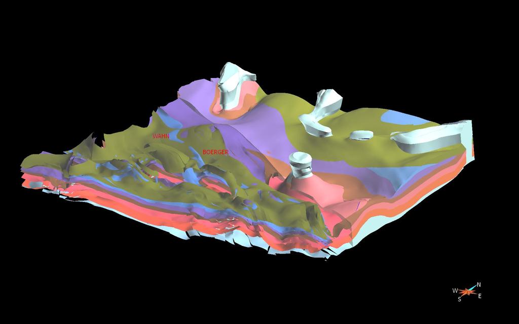 Ausschnitt aus dem Modell Mittelmiozän Körperumhüllende Flächen Untermiozän Mitteloligozän Mitteleozän