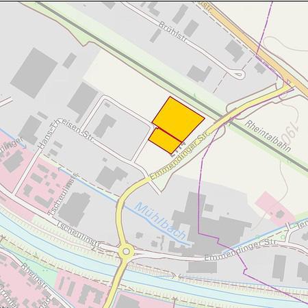 Teningen Gewerbezentrum Verfügbare Fläche: 8.400 m² Grundstücksgrößen: 6.200 + 2200 m² GE Nutzungsvorgaben: GRZ: 0.