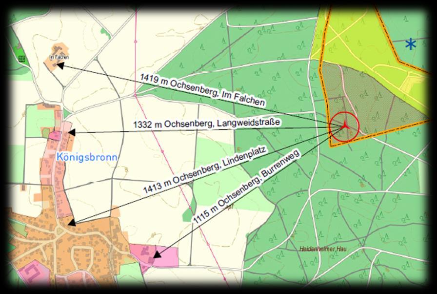 1.2 Standortinformation: Siedlungsabstände Abstände zu benachbarten Siedlungen (Cirkawerte in km): Siedlung (Himmelsrichtung) Abstand Ochsenberg (SW) 1,1-1,4 Schnaitheim (S) 3,3