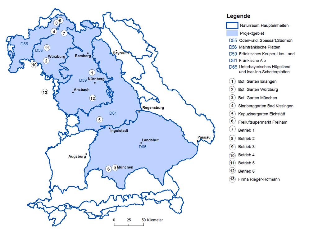 Bundesweite Übertragung - Bayern Wiederansiedlung 2017 erfolgt in Wernsbach, Franken Übersichtskarte über die Vermehrungsflächen innerhalb