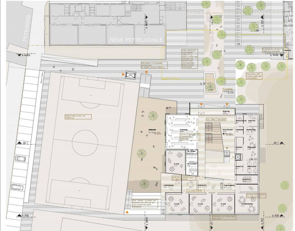 GRUNDRISS SCHNITT RESSOURCENSCHONENDE PLANUNG Hohe Behaglichkeit bei minimalen Betriebskosten - dies soll durch den Einsatz von einfacher Haustechnik und optimierter