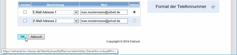 5. Hier können Sie nun Ihre E-Mail Adresse anpassen. Wählen Sie dazu in der Spalte Bezeichnung den Eintrag E-Mail Adresse 1 aus.