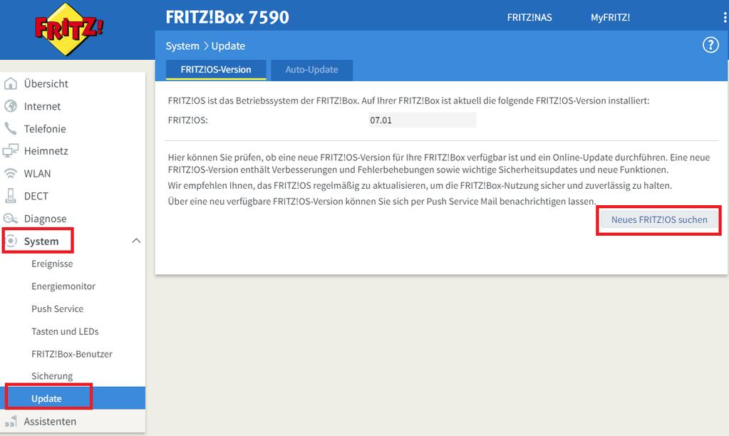 SCHRITT 2 FRITZ!BOX AKTUALISIEREN Klicken Sie links in der Navigationsleiste auf System und dann auf Update. Klicken Sie rechts im Reiter FRITZ!OS-Version auf Neues FRITZ!OS suchen.