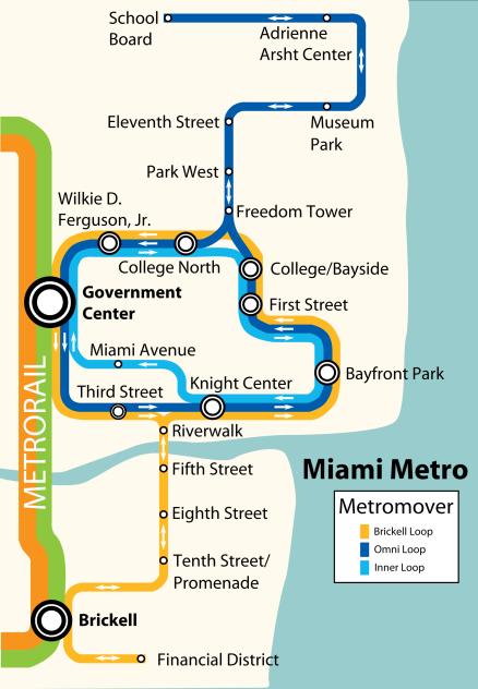 Material Metroplan Miami City Eisenbahn 5.1 Die Landvermesser sind an der nächstgelegenen Metrostation Freedom Tower ihres Hotels angekommen mit dem Ziel Adrienne Arsht Center.