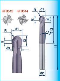 VHM-HSC-KUGELFRÄSER KFB512 / KFB514 Werkzeug und Hartmetall wurden speziell für die HSC- und Hartbearbeitung im Werkzeug- und Formenbau entwickelt. Hervorragend geeignet für die Trockenbearbeitung.
