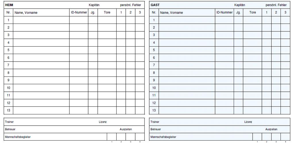 Turnierleiter/Spielbeobachter: Name des Spielbeobachters oder Name des Turnierleiters (nur bei Turnieren) Schiedsrichter 1 und 2: Namen der Schiedsrichter Sekretär 1: Name des Protokollführers die